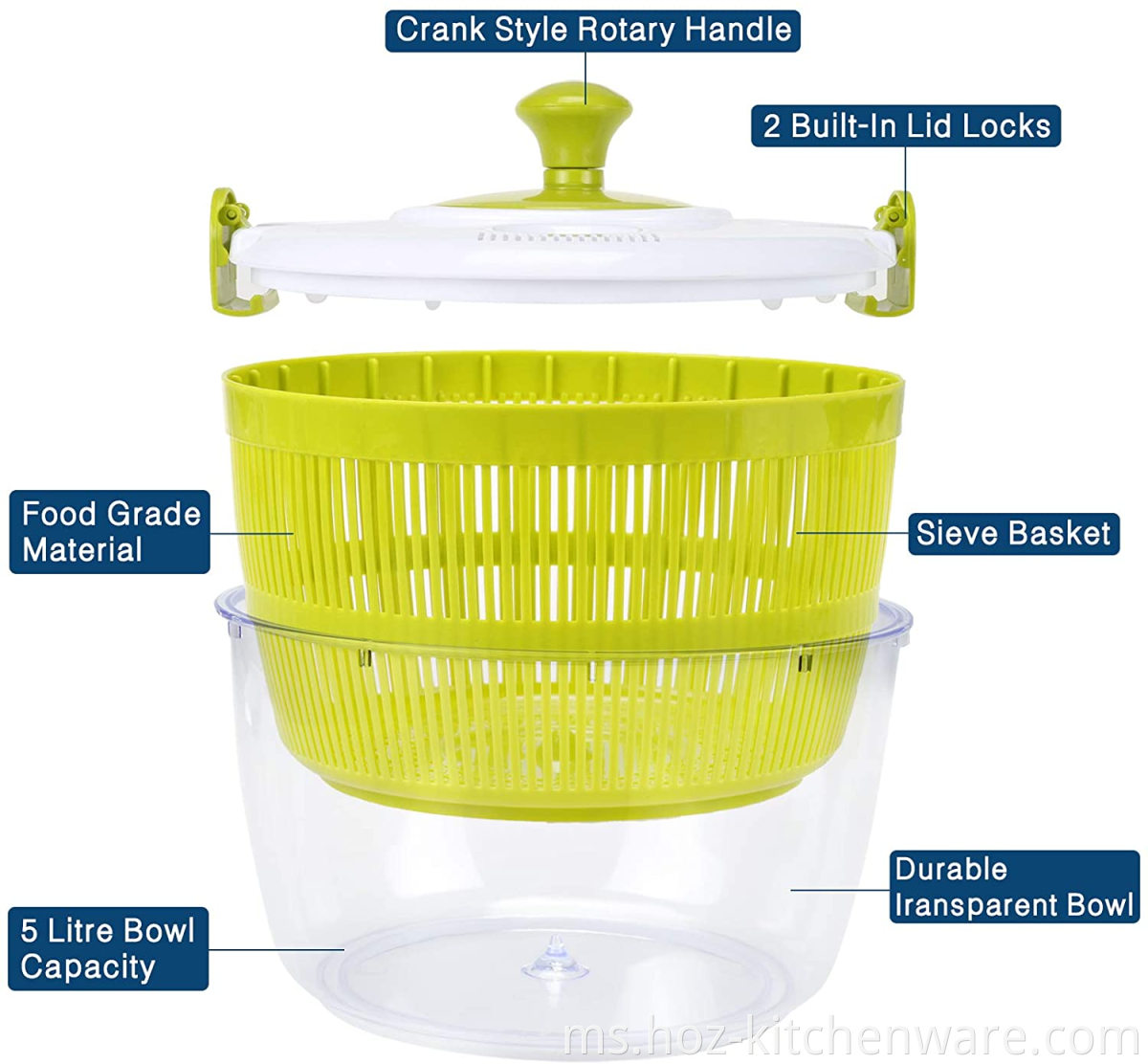 Lettuce Manual Membilas Kerurian Pengeringan Pantas Cepat Dengan 5L Kapasiti Besar Salad Spinner Sayuran Buah -buahan Pengering Hoz